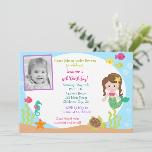 Mermaid under Zee Photo Birthday Invitation Kaart (Staand voorkant)