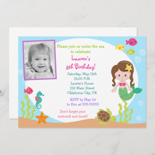 Mermaid under Zee Photo Birthday Invitation Kaart (Voorkant / Achterkant)