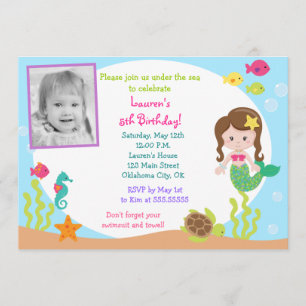 Mermaid under Zee Photo Birthday Invitation Kaart