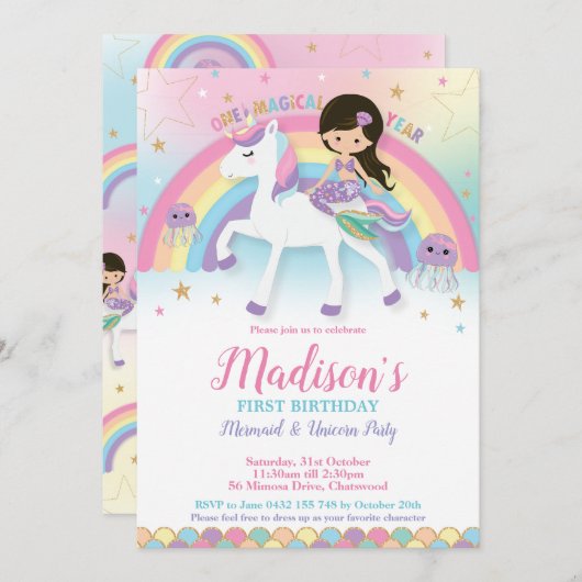 Mermaid Unicorn 1e verjaardag Kaart (Voorkant / Achterkant)