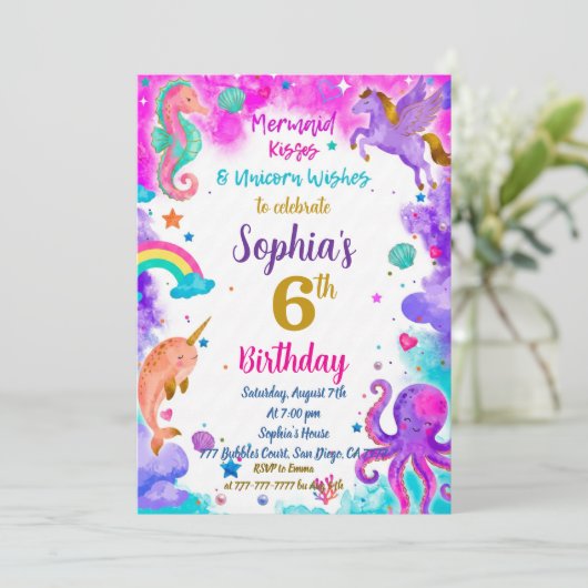 Mermaid & Unicorn Birthday Invitation Magic Party Kaart (Staand voorkant)