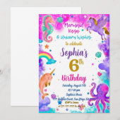 Mermaid & Unicorn Birthday Invitation Magic Party Kaart (Voorkant / Achterkant)