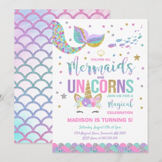 Mermaid & Unicorn Birthday Invitation Magic Party Kaart (Voorkant / Achterkant)