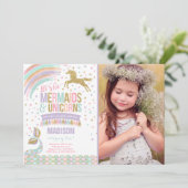Mermaid & Unicorn Birthday Invitation Magic Party Kaart (Staand voorkant)
