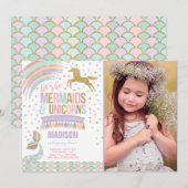 Mermaid & Unicorn Birthday Invitation Magic Party Kaart (Voorkant / Achterkant)