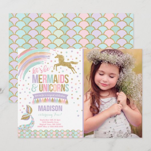 Mermaid & Unicorn Birthday Invitation Magic Party Kaart (Voorkant / Achterkant)