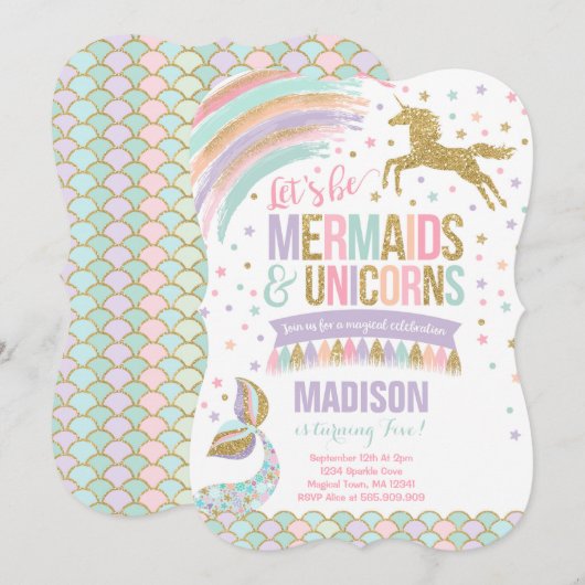 Mermaid & Unicorn Birthday Invitation Magic Party Kaart (Voorkant / Achterkant)