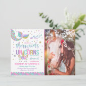 Mermaid & Unicorn Birthday Invitation Magic Party Kaart (Staand voorkant)