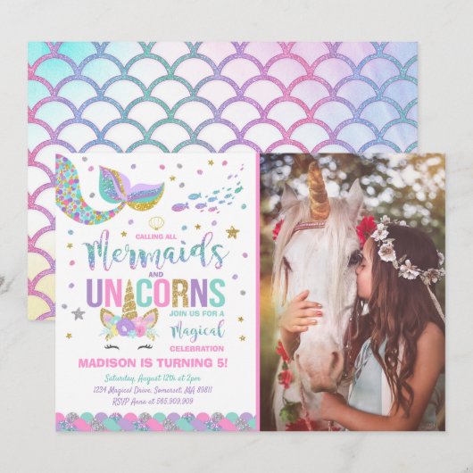 Mermaid & Unicorn Birthday Invitation Magic Party Kaart (Voorkant / Achterkant)