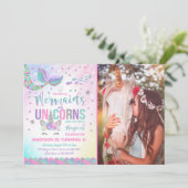 Mermaid & Unicorn Birthday Invitation Magic Party Kaart (Staand voorkant)