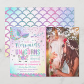 Mermaid & Unicorn Birthday Invitation Magic Party Kaart (Voorkant / Achterkant)