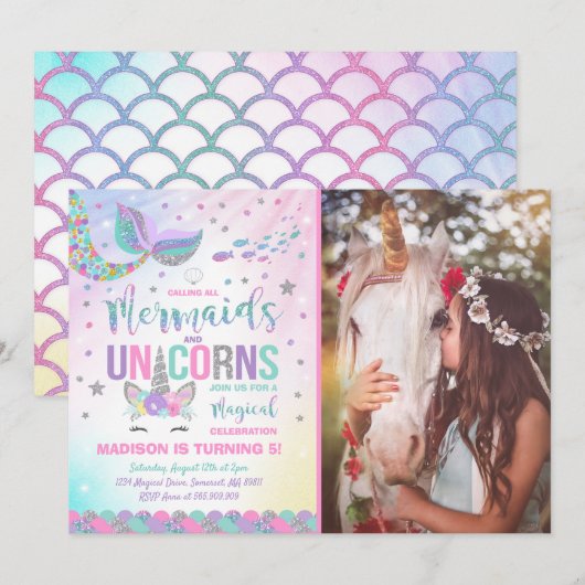 Mermaid & Unicorn Birthday Invitation Magic Party Kaart (Voorkant / Achterkant)