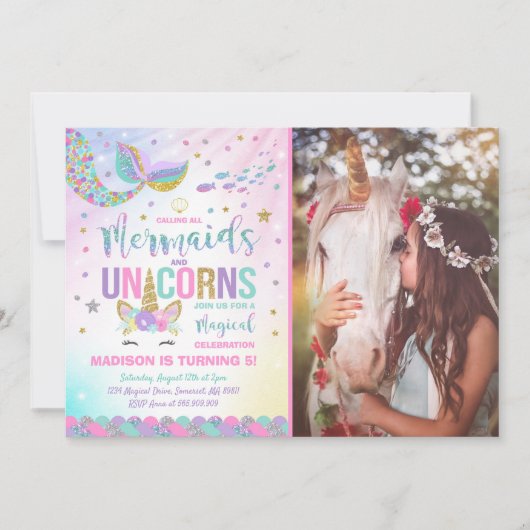 Mermaid & Unicorn Birthday Invitation Magic Party Kaart (Voorkant)