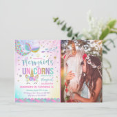 Mermaid & Unicorn Birthday Invitation Magic Party Kaart (Staand voorkant)