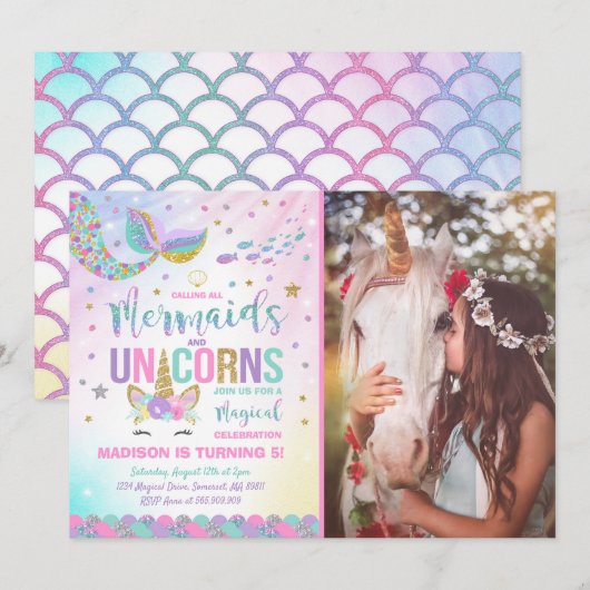 Mermaid & Unicorn Birthday Invitation Magic Party Kaart (Voorkant / Achterkant)