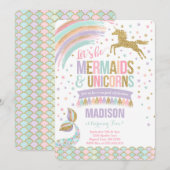 Mermaid & Unicorn Birthday Invitation Magic Party Kaart (Voorkant / Achterkant)