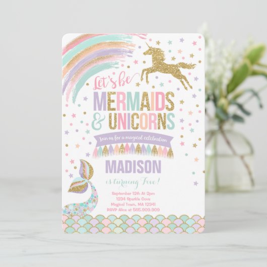 Mermaid & Unicorn Birthday Invitation Magic Party Kaart (Staand voorkant)