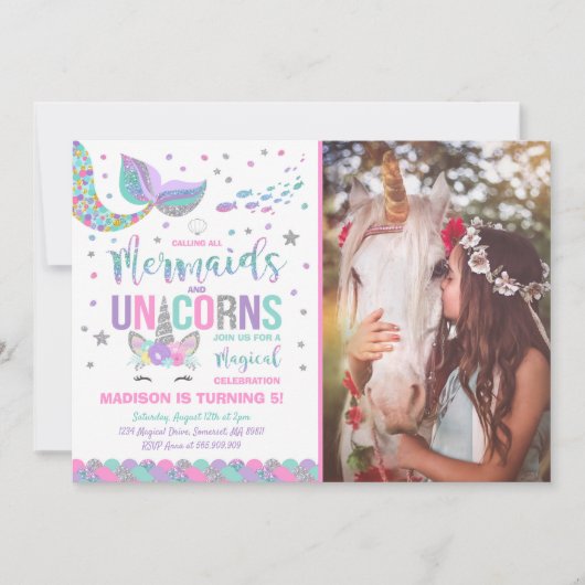 Mermaid & Unicorn Birthday Invitation Magic Party Kaart (Voorkant)