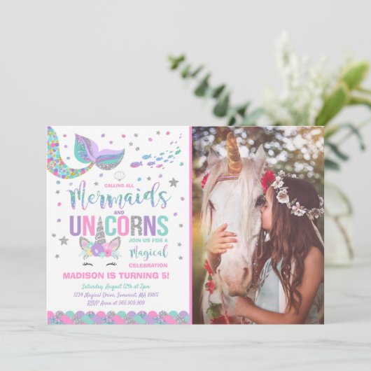 Mermaid & Unicorn Birthday Invitation Magic Party Kaart (Staand voorkant)