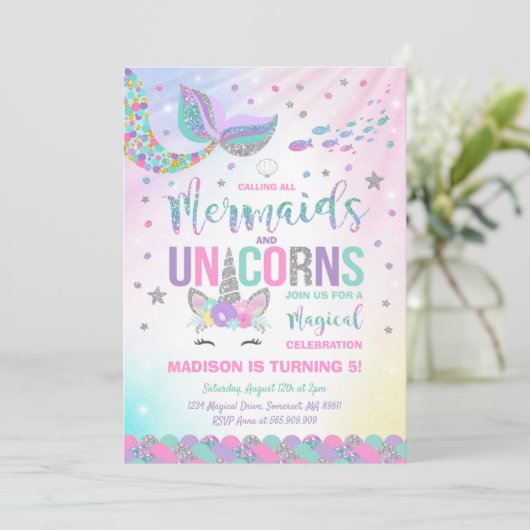 Mermaid & Unicorn Birthday Invitation Magic Party Kaart (Staand voorkant)
