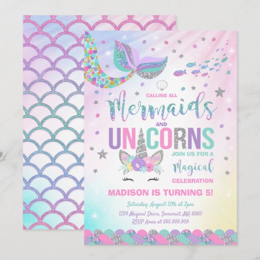 Mermaid & Unicorn Birthday Invitation Magic Party Kaart (Voorkant / Achterkant)