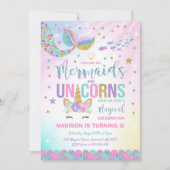 Mermaid & Unicorn Birthday Invitation Magic Party Kaart (Voorkant)