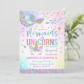 Mermaid & Unicorn Birthday Invitation Magic Party Kaart (Staand voorkant)