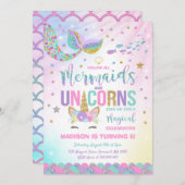 Mermaid & Unicorn Birthday Invitation Magic Party Kaart (Voorkant / Achterkant)
