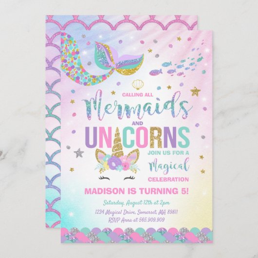 Mermaid & Unicorn Birthday Invitation Magic Party Kaart (Voorkant / Achterkant)