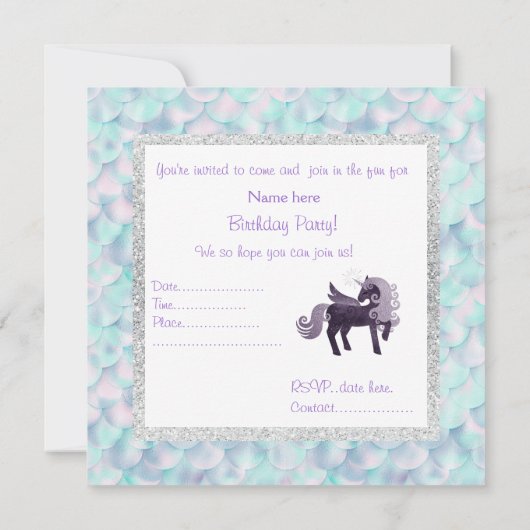 Mermaid unicorn BIRTHDAY PARTY INVITATION Green Kaart (Achterkant)