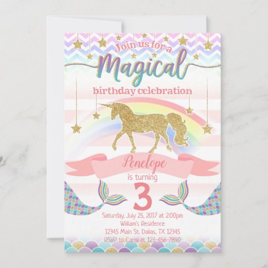 Mermaid Unicorn Birthday Party Invitation Invite Kaart (Voorkant)