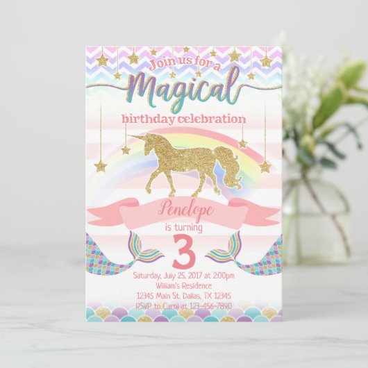 Mermaid Unicorn Birthday Party Invitation Invite Kaart (Staand voorkant)