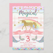 Mermaid Unicorn Birthday Party Invitation Invite Kaart (Voorkant / Achterkant)