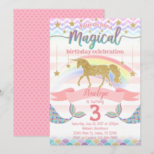 Mermaid Unicorn Birthday Party Invitation Invite Kaart (Voorkant / Achterkant)