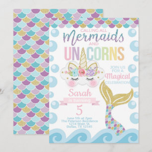 Mermaid Unicorn Birthday Party Invitation Invite Kaart