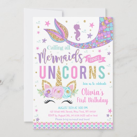 Mermaid Unicorn Girl Birthday Invitation Kaart (Voorkant)