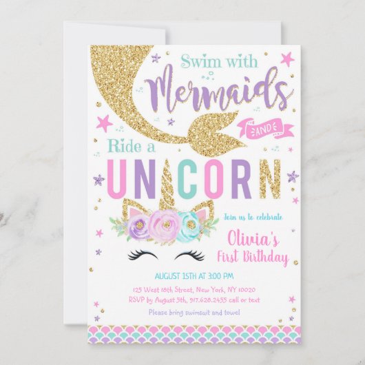 Mermaid Unicorn Girl Birthday Invitation Kaart (Voorkant)
