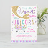 Mermaid Unicorn Girl Birthday Invitation Kaart (Staand voorkant)