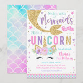 Mermaid Unicorn Girl Birthday Invitation Kaart (Voorkant / Achterkant)