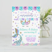 Mermaid & Unicorn meisjesverjaardagsuitnodiging. Kaart (Staand voorkant)