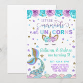 Mermaid & Unicorn meisjesverjaardagsuitnodiging. Kaart (Voorkant / Achterkant)