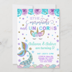 Mermaid & Unicorn meisjesverjaardagsuitnodiging. Kaart