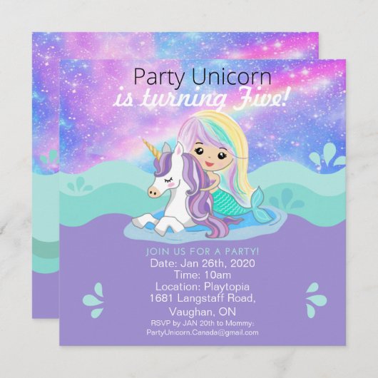 Mermaid + Unicorn Party Invitation Save The Date (Voorkant / Achterkant)