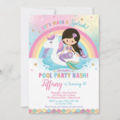 Mermaid Unicorn Pool Birthday Black Hair Kaart (Voorkant)