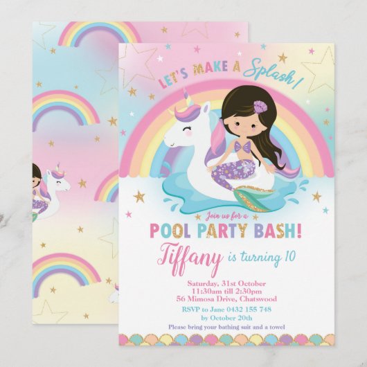 Mermaid Unicorn Pool Birthday Black Hair Kaart (Voorkant / Achterkant)