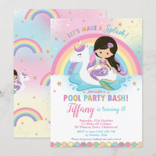 Mermaid Unicorn Pool Birthday Black Hair Kaart
