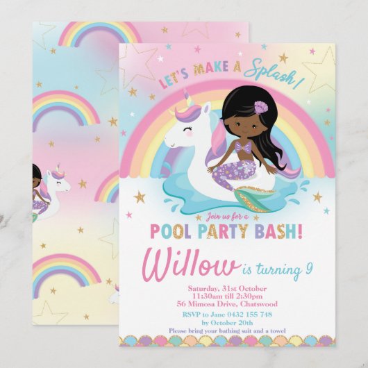 Mermaid Unicorn Pool Birthday Dark Skin Tone Kaart (Voorkant / Achterkant)