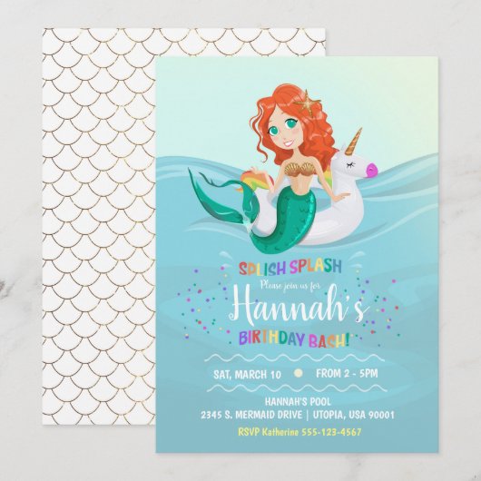 Mermaid Unicorn Pool Birthday Party Invitation Kaart (Voorkant / Achterkant)