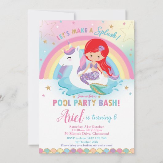 Mermaid Unicorn Pool Birthday Red Hair Girl Kaart (Voorkant)