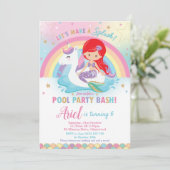 Mermaid Unicorn Pool Birthday Red Hair Girl Kaart (Staand voorkant)